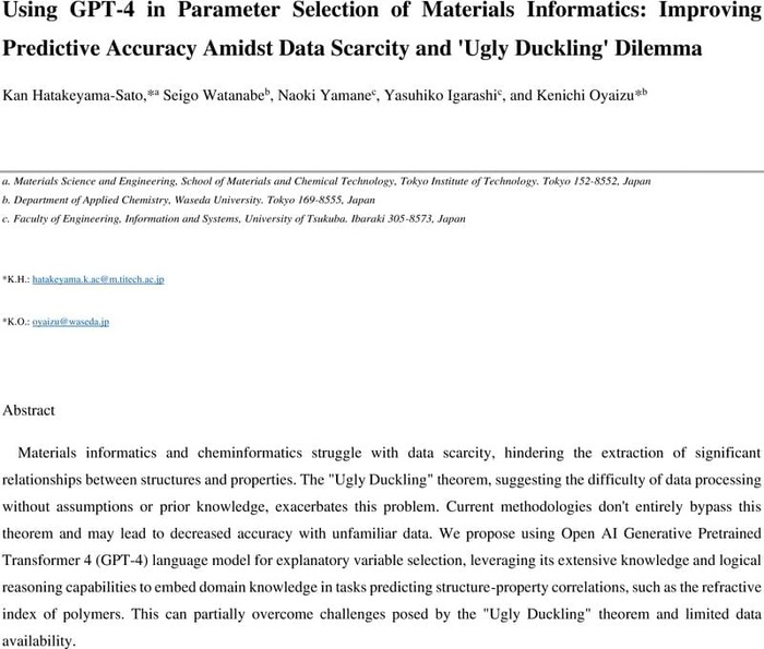 Using GPT-4 in Parameter Selection of Materials Informatics: Improving Predictive Accuracy Amidst Data Scarcity and ‘Ugly Duckling’ Dilemma